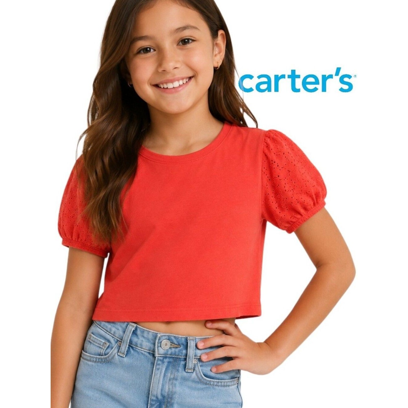 Carter's Kids Girls Orange Eyelet Puff Short Sleeve Crop Top Soft Cotton Size 12